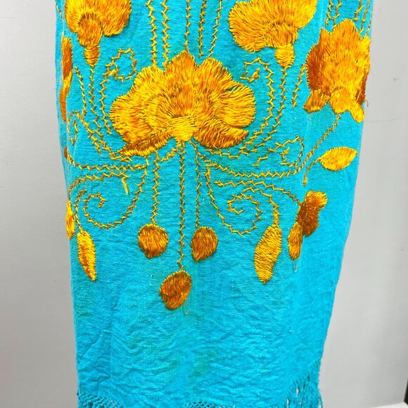 Vintage Boho Summer Shift Dress – Hand Embroidered Orange Floral with Fringe Hem - Picture 8 of 12